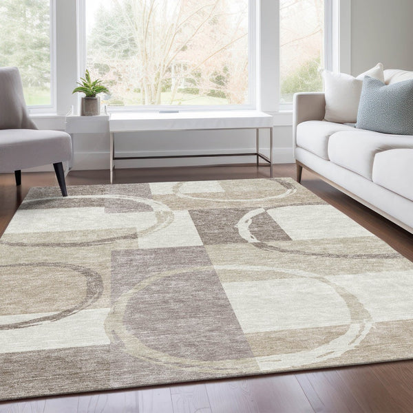 HomeRoots 10' Geometric Ivory Beige Taupe Washable Area Rug - Durable, UV Protected, Perfect for High-Traffic Homes 675084