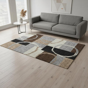 HomeRoots 5' X 8' Modern Pewter Gray & Black Geometric Area Rug - Washable, UV Resistant, Family-Friendly Design 675086