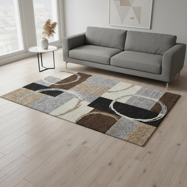 HomeRoots 5' X 8' Modern Pewter Gray & Black Geometric Area Rug - Washable, UV Resistant, Family-Friendly Design 675086