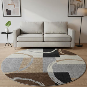 HomeRoots 8' Modern Pewter Gray & Black Geometric Round Rug - Washable, Stain-Resistant, UV Protected Design 675087