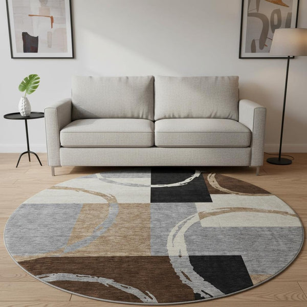 HomeRoots 8' Modern Pewter Gray & Black Geometric Round Rug - Washable, Stain-Resistant, UV Protected Design 675087