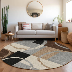 HomeRoots 8' Modern Pewter Gray & Black Geometric Round Rug - Washable, Stain-Resistant, UV Protected Design 675087