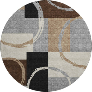 HomeRoots 8' Modern Pewter Gray & Black Geometric Round Rug - Washable, Stain-Resistant, UV Protected Design 675087