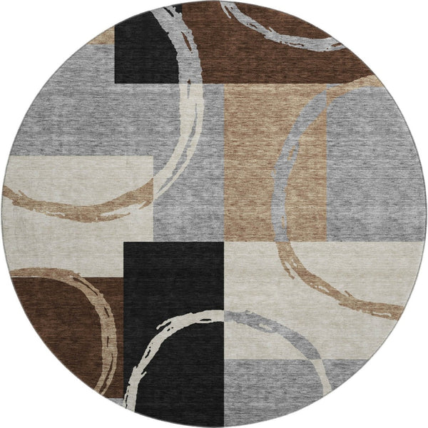 HomeRoots 8' Modern Pewter Gray & Black Geometric Round Rug - Washable, Stain-Resistant, UV Protected Design 675087