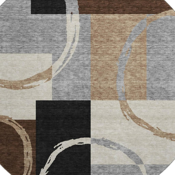 HomeRoots 8' Modern Pewter Gray & Black Geometric Round Rug - Washable, Stain-Resistant, UV Protected Design 675087