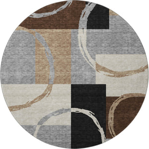HomeRoots 8' Modern Pewter Gray & Black Geometric Round Rug - Washable, Stain-Resistant, UV Protected Design 675087
