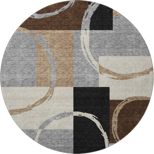 HomeRoots 8' Modern Pewter Gray & Black Geometric Round Rug - Washable, Stain-Resistant, UV Protected Design 675087