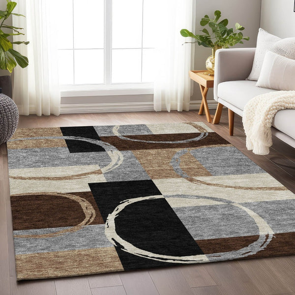 HomeRoots 8' X 10' Modern Pewter Gray & Black Geometric Area Rug - Washable, UV Protected, Durable & Stylish 675088