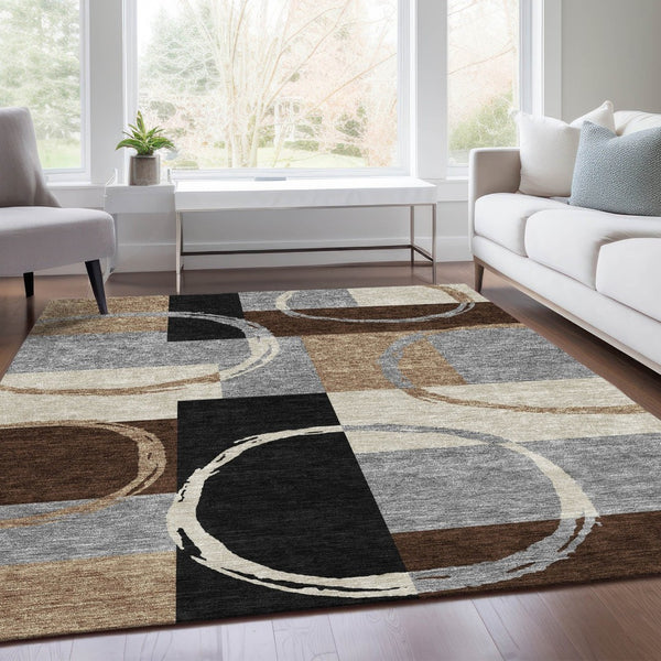HomeRoots 8' X 10' Modern Pewter Gray & Black Geometric Area Rug - Washable, UV Protected, Durable & Stylish 675088