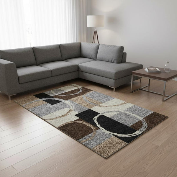 HomeRoots 9' X 12' Stylish Pewter Gray & Black Geometric Area Rug - Washable, UV Protected, Stain-Resistant Design 675089