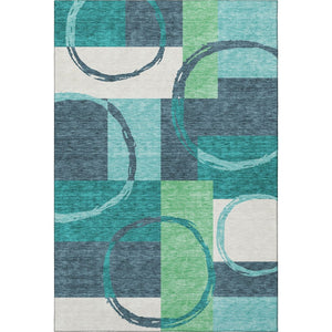 HomeRoots 5' Geometric Teal, Ivory & Green Area Rug - Washable, UV-Protected, Stylish for Any Space! 675092