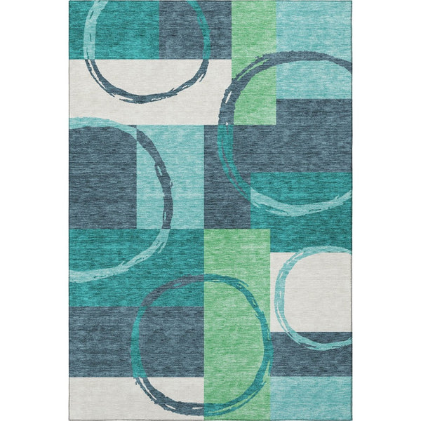 HomeRoots 5' Geometric Teal, Ivory & Green Area Rug - Washable, UV-Protected, Stylish for Any Space! 675092