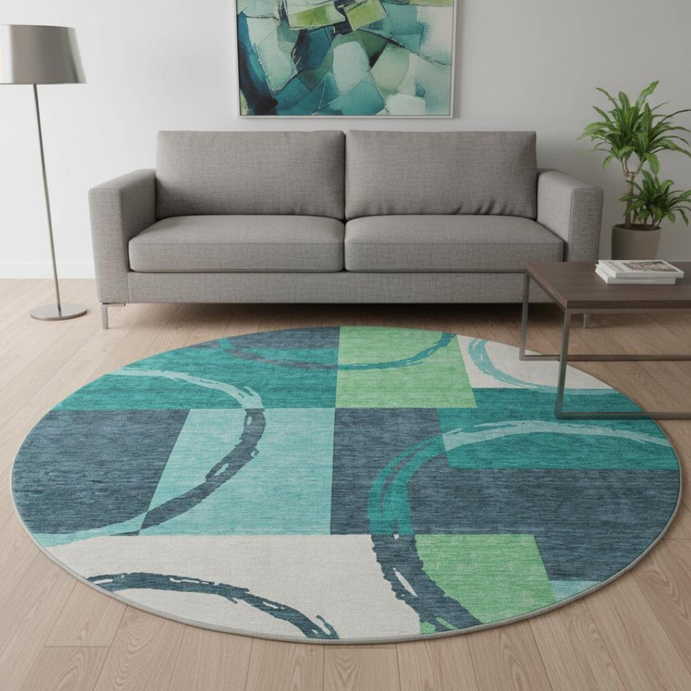 HomeRoots 8' Teal Geometric Washable Round Rug with Stain Resistance & UV Protection for Busy Homes 675093