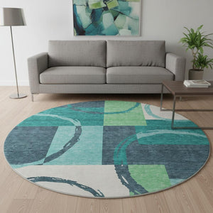 HomeRoots 8' Teal Geometric Washable Round Rug with Stain Resistance & UV Protection for Busy Homes 675093