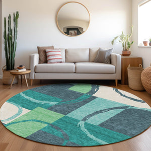 HomeRoots 8' Teal Geometric Washable Round Rug with Stain Resistance & UV Protection for Busy Homes 675093