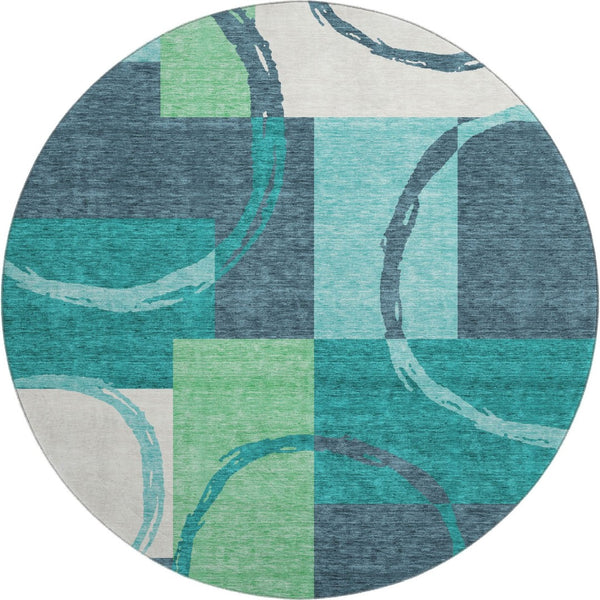 HomeRoots 8' Teal Geometric Washable Round Rug with Stain Resistance & UV Protection for Busy Homes 675093