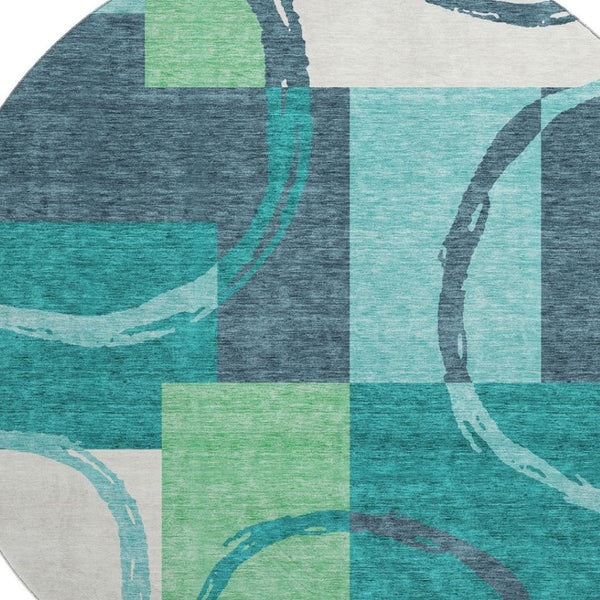 HomeRoots 8' Teal Geometric Washable Round Rug with Stain Resistance & UV Protection for Busy Homes 675093