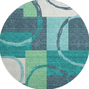 HomeRoots 8' Teal Geometric Washable Round Rug with Stain Resistance & UV Protection for Busy Homes 675093