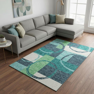 HomeRoots 8' X 10' Teal Ivory Green Geometric Area Rug - Washable, UV Protected, Pet-Friendly for Modern Homes 675094
