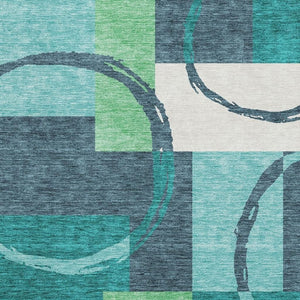 HomeRoots 8' X 10' Teal Ivory Green Geometric Area Rug - Washable, UV Protected, Pet-Friendly for Modern Homes 675094