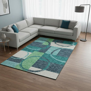 HomeRoots 9' X 12' Vibrant Teal Ivory & Green Geometric Area Rug – Durable, Washable, UV Protected Design 675095
