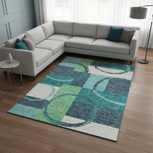 HomeRoots 10' X 14' Teal Ivory Green Geometric Washable Area Rug - Durable, UV Protected & Easy-Care Design 675096