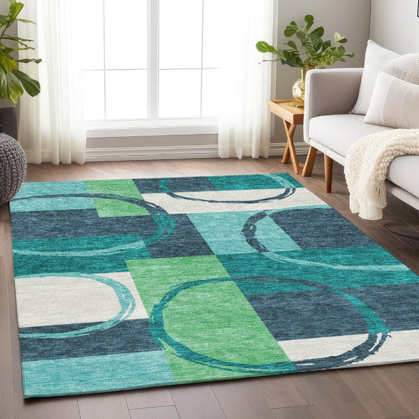 HomeRoots 10' X 14' Teal Ivory Green Geometric Washable Area Rug - Durable, UV Protected & Easy-Care Design 675096