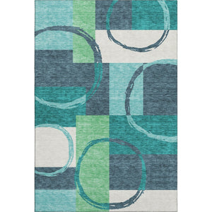 HomeRoots 10' X 14' Teal Ivory Green Geometric Washable Area Rug - Durable, UV Protected & Easy-Care Design 675096
