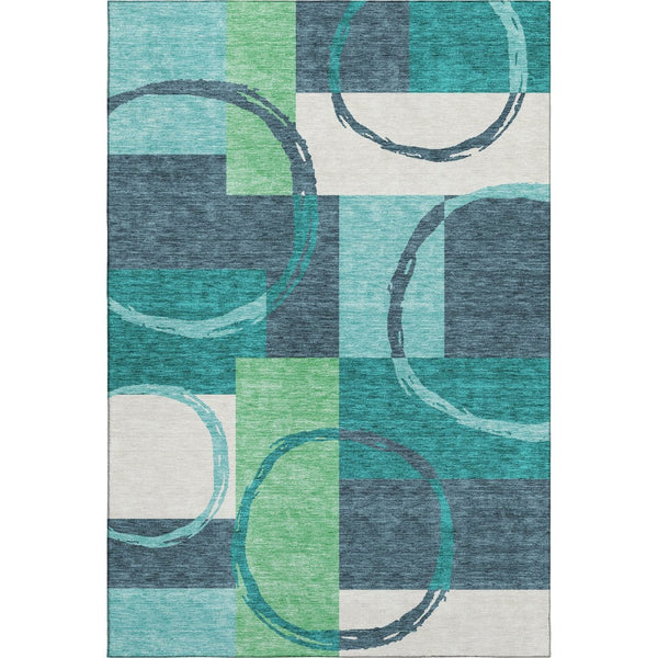 HomeRoots 10' X 14' Teal Ivory Green Geometric Washable Area Rug - Durable, UV Protected & Easy-Care Design 675096