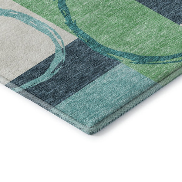 HomeRoots 10' X 14' Teal Ivory Green Geometric Washable Area Rug - Durable, UV Protected & Easy-Care Design 675096