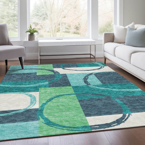 HomeRoots 10' X 14' Teal Ivory Green Geometric Washable Area Rug - Durable, UV Protected & Easy-Care Design 675096