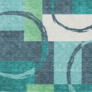 HomeRoots 10' X 14' Teal Ivory Green Geometric Washable Area Rug - Durable, UV Protected & Easy-Care Design 675096