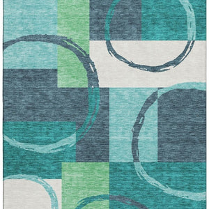 HomeRoots 10' X 14' Teal Ivory Green Geometric Washable Area Rug - Durable, UV Protected & Easy-Care Design 675096