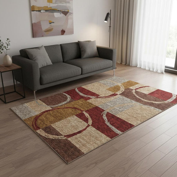 HomeRoots 5' X 8' Stylish Wheat Burgundy Gray Geometric Area Rug - Durable, Stain Resistant & UV Protected! 675098