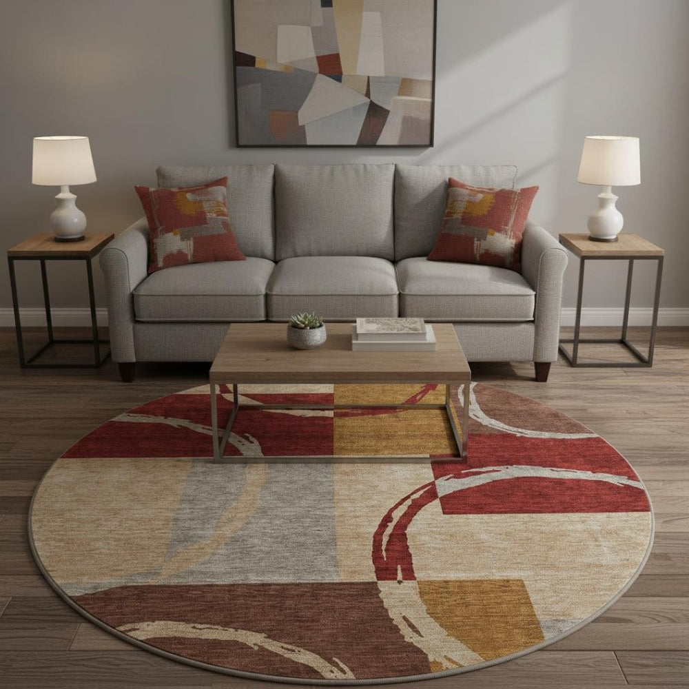 HomeRoots 8' Stylish Wheat Burgundy and Gray Geometric Round Rug - Washable, UV-Protected & Durable Design 675099