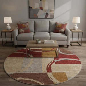 HomeRoots 8' Stylish Wheat Burgundy and Gray Geometric Round Rug - Washable, UV-Protected & Durable Design 675099