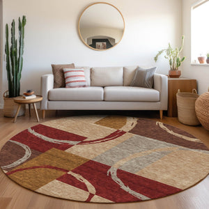 HomeRoots 8' Stylish Wheat Burgundy and Gray Geometric Round Rug - Washable, UV-Protected & Durable Design 675099