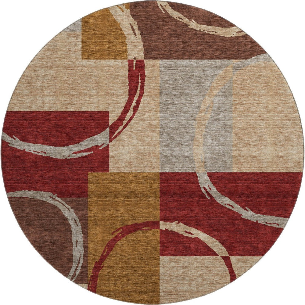 HomeRoots 8' Stylish Wheat Burgundy and Gray Geometric Round Rug - Washable, UV-Protected & Durable Design 675099