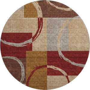 HomeRoots 8' Stylish Wheat Burgundy and Gray Geometric Round Rug - Washable, UV-Protected & Durable Design 675099