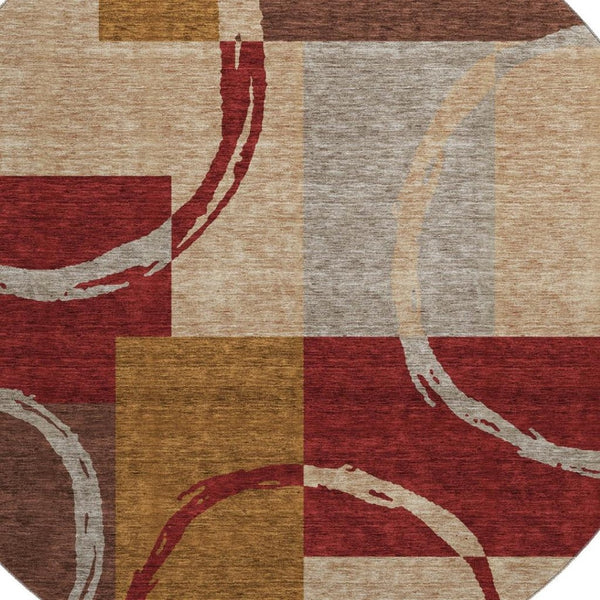 HomeRoots 8' Stylish Wheat Burgundy and Gray Geometric Round Rug - Washable, UV-Protected & Durable Design 675099