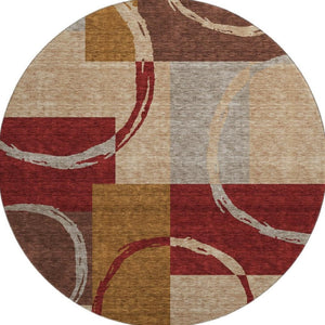 HomeRoots 8' Stylish Wheat Burgundy and Gray Geometric Round Rug - Washable, UV-Protected & Durable Design 675099
