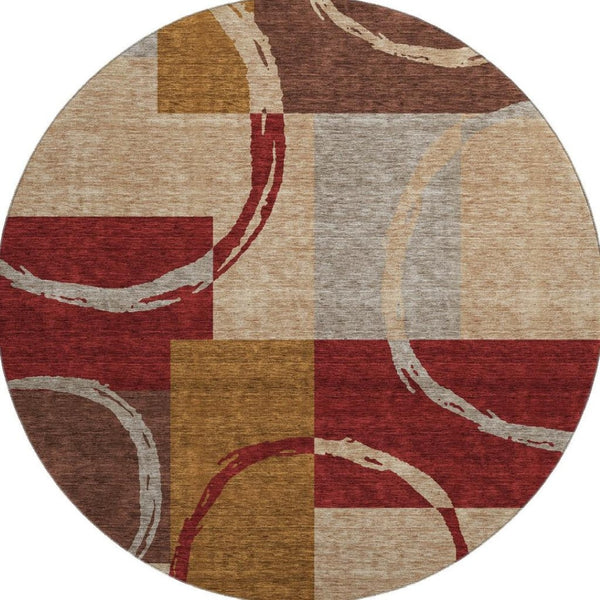 HomeRoots 8' Stylish Wheat Burgundy and Gray Geometric Round Rug - Washable, UV-Protected & Durable Design 675099