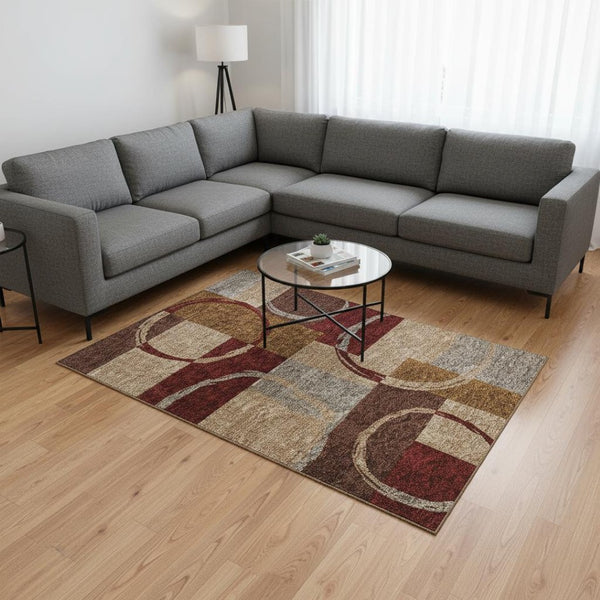 HomeRoots 8' X 10' Wheat Burgundy Gray Geometric Area Rug - Washable, UV Protected, Stain-Resistant Design 675100