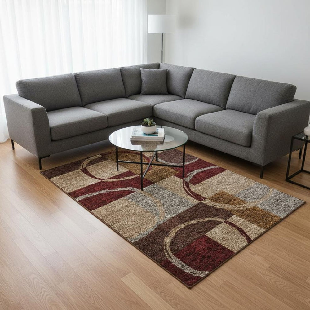 HomeRoots 9' X 12' Washable Wheat Burgundy Gray Geometric Area Rug - Durable, Stain Resistant & UV Protected! 675101