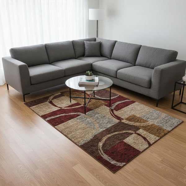 HomeRoots 9' X 12' Washable Wheat Burgundy Gray Geometric Area Rug - Durable, Stain Resistant & UV Protected! 675101