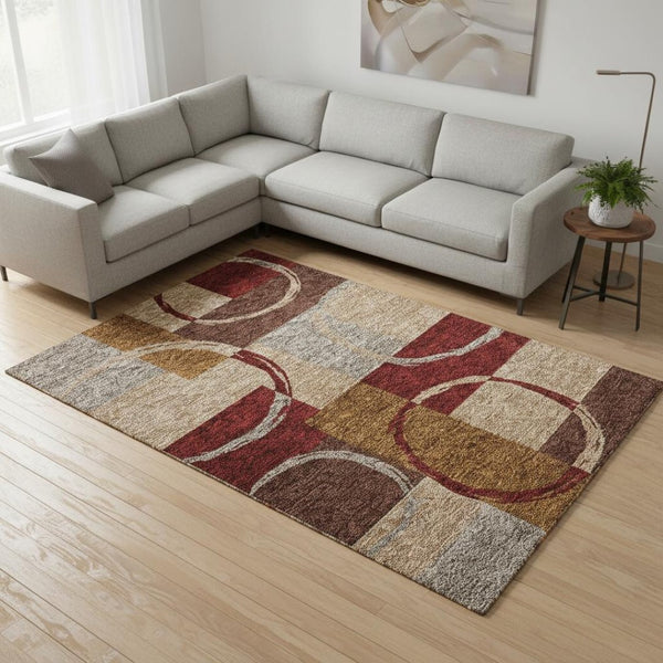 HomeRoots 10' X 14' Washable Area Rug in Wheat, Burgundy & Gray - UV-Protected, Durable, Stylish Design! 675102