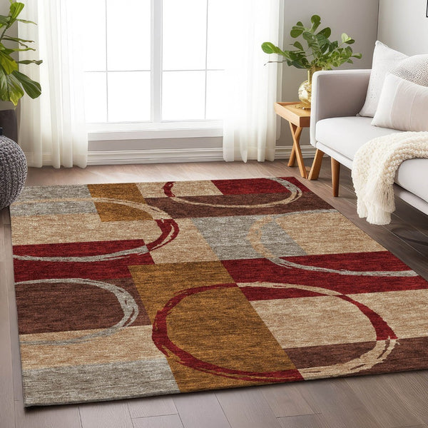 HomeRoots 10' X 14' Washable Area Rug in Wheat, Burgundy & Gray - UV-Protected, Durable, Stylish Design! 675102