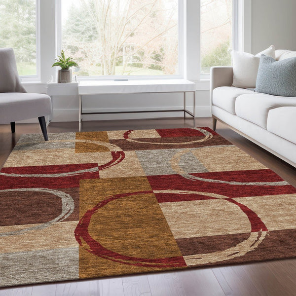 HomeRoots 10' X 14' Washable Area Rug in Wheat, Burgundy & Gray - UV-Protected, Durable, Stylish Design! 675102