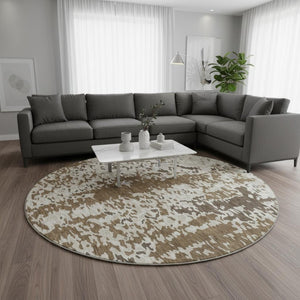 HomeRoots 8' Abstract Brown Ivory Beige Round Rug - Washable, UV Protected, Modern Design for Any Space 675105