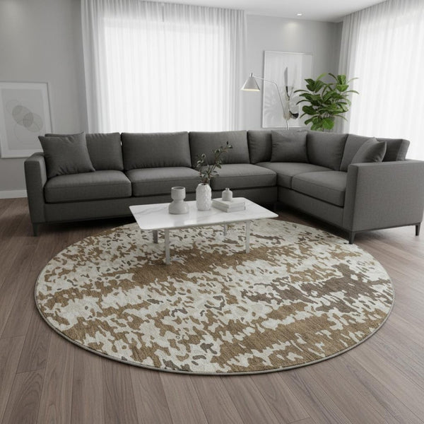 HomeRoots 8' Abstract Brown Ivory Beige Round Rug - Washable, UV Protected, Modern Design for Any Space 675105